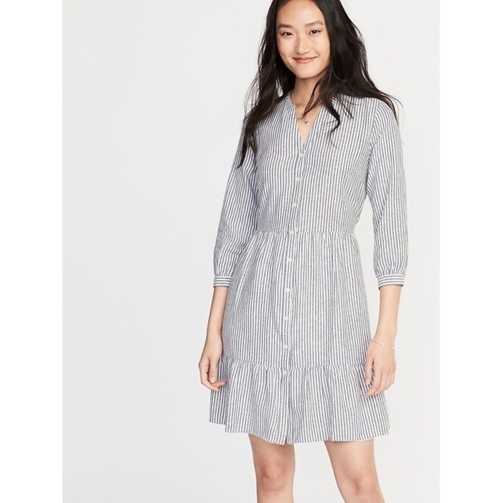 Old Navy Shirt Dress Womens XS Navy White Striped Linen Blend Tiered Ruffle Mini